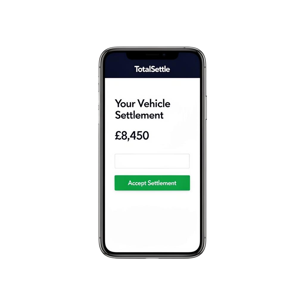 TotalSettle digital total loss settlement portal displayed on a mobile phone showing vehicle valuation and settlement options